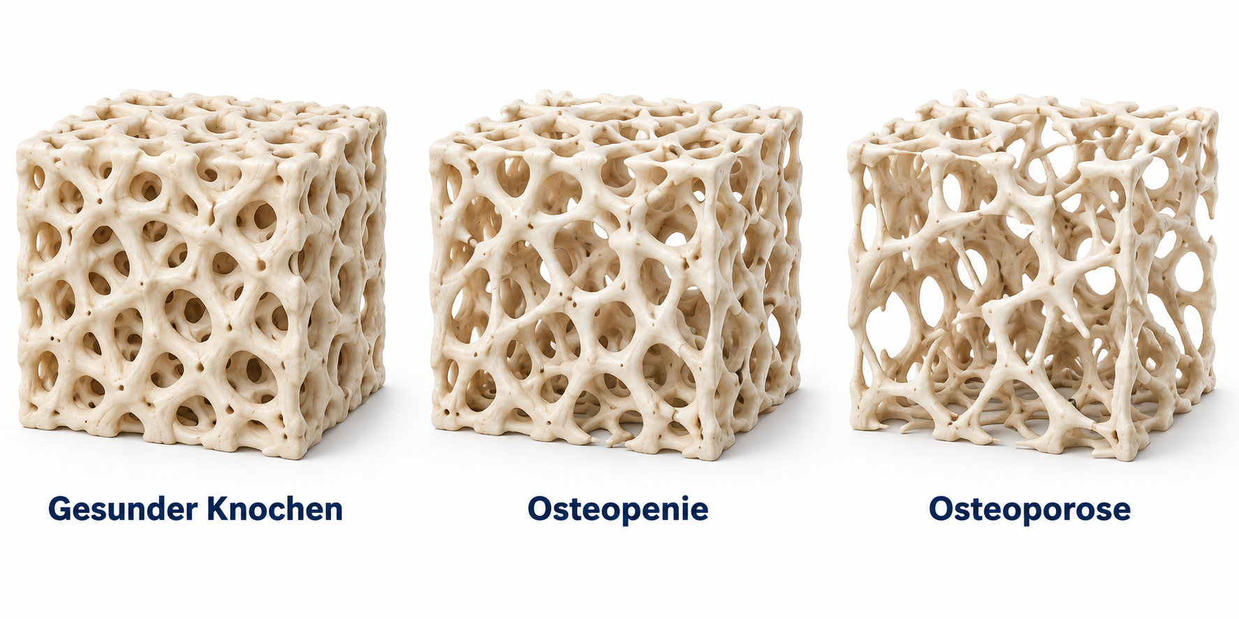 Knochenstruktur im Vergleich: gesunder Knochen, Osteopenie und Osteoporose
